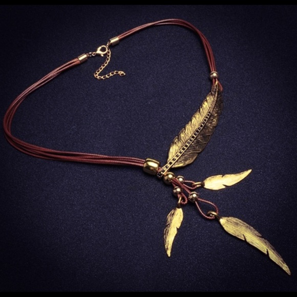 Bohemian Coffee Rope Style Gold Leaf Necklace - Picture 2 of 8